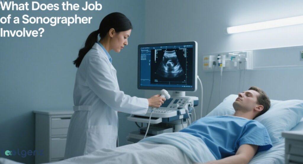 A sonographer is performing an ultrasound on a male patient in a clinical setting. The title of the image is "What Does the Job of a Sonographer Involve?"