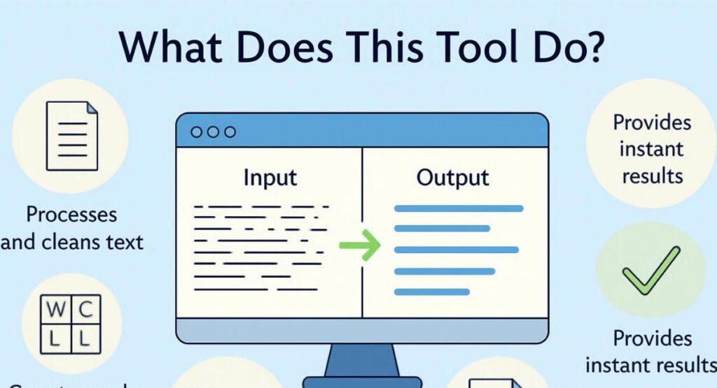 "What Does This Tool Do?". It displays a computer screen split into "Input" and "Output" sections, showing how the tool processes and cleans up text by removing extra whitespace. The "Input" section has messy lines of text, while the "Output" shows a clean, formatted version. The image also highlights the benefits: it "Processes and cleans text," "Provides instant results," and "Counts words, lines, and characters."
