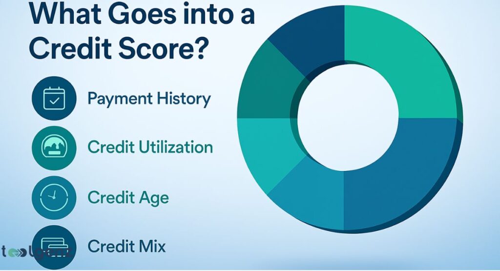 "What Goes into a Credit Score?" The image displays four key factors of a credit score: Payment History, Credit Utilization, Credit Age, and Credit Mix. A large, color-coded ring chart is on the right, visually representing the weight of each factor.