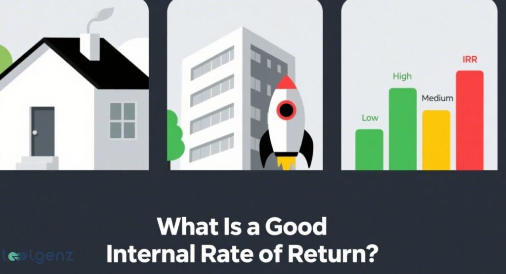 "What Is a Good Internal Rate of Return?". The image is divided into three panels. The first shows a house, representing a real estate investment. The second shows a building with a rocket taking off, symbolizing a startup or corporate investment. The third panel is a bar chart with three bars of different heights labeled "Low," "Medium," and "High" next to their corresponding IRR values, illustrating different levels of return.