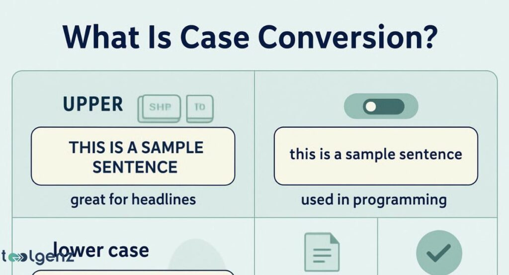 "What Is Case Conversion?" It explains four types of text case conversions: uppercase, lowercase, title case, and sentence case. Each is illustrated with a "before" and "after" example. For example, it shows "THIS IS A SAMPLE SENTENCE" for uppercase, and "this is a sample sentence" for lowercase. The image also provides context for each, such as "great for headlines" for uppercase and "used in programming" for lowercase.