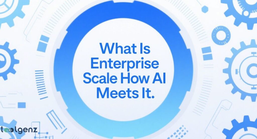 "What Is Enterprise Scale How AI Meets It." The title is centered within a large, glowing blue ring, which is surrounded by a complex, light blue, and white circular pattern of gears and electronic components, suggesting a high-tech, integrated system.