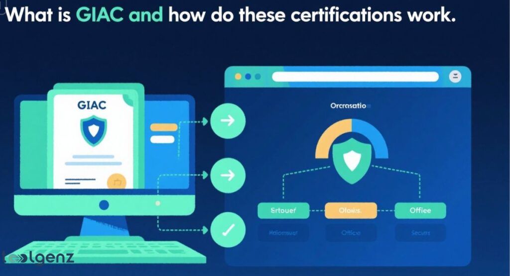 A computer screen displays an abstract diagram showing how a GIAC certification is connected to different processes. The title at the top is "What is GIAC and how do these certifications work."