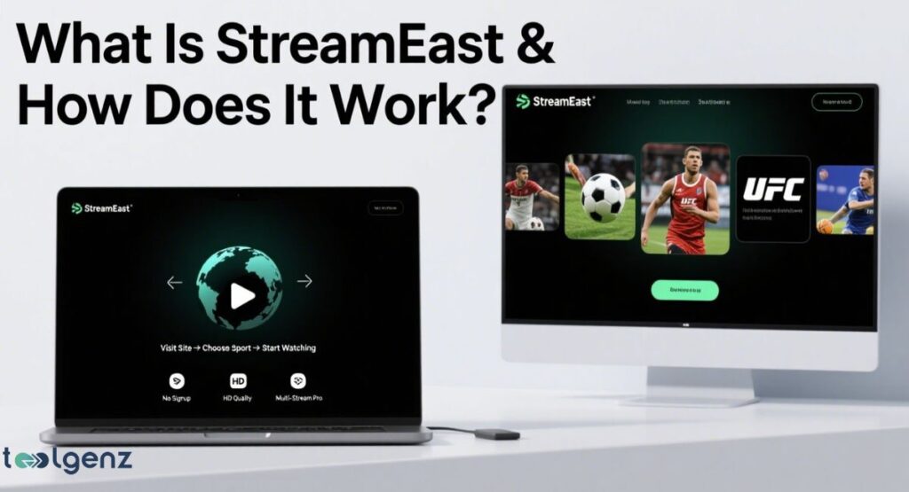 A visual guide showing how "StreamEast" works, with a laptop displaying a world map and play button, and a desktop monitor showing a selection of sports content including a soccer player and a UFC fight. Key features listed are "No Signup," "HD Quality," and "Multi-Stream Pro." The title asks, "What Is StreamEast & How Does It Work?"