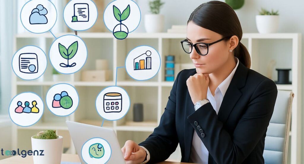 A businesswoman wearing glasses is seated at a desk, contemplating and looking at a laptop screen. A web of interconnected icons representing various factors like teamwork, documents, growth, and analytics floats around her head, symbolizing the considerations for choosing benefits administration software.