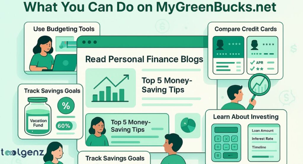 "What You Can Do on MyGreenBucks.net," outlining features like using budgeting tools, comparing credit cards, tracking savings goals, and learning about investing, with corresponding icons and illustrations.