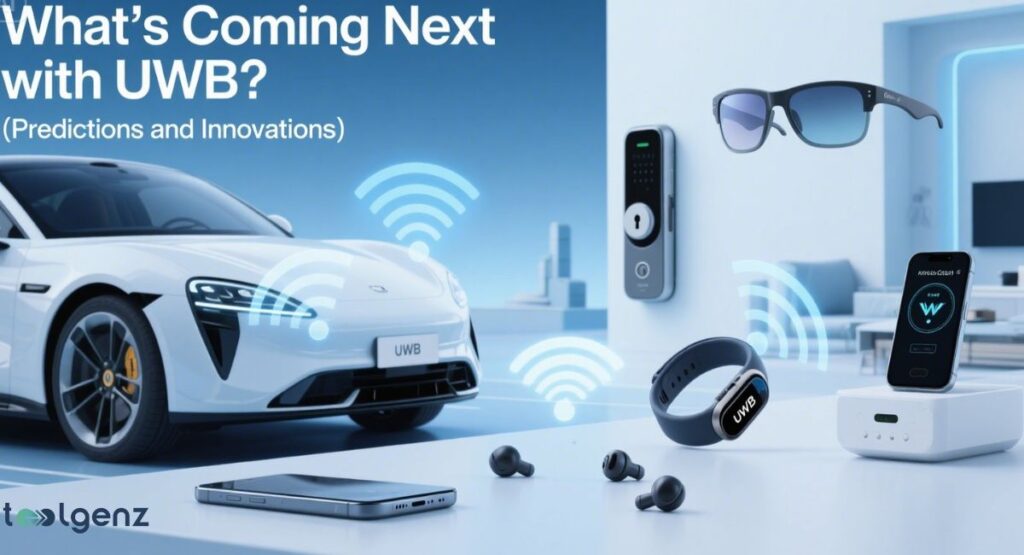 An illustration of a modern smart home environment with a white electric car, a smartphone, wireless earbuds, smart glasses, and a smart lock. Blue wireless signals radiate from the devices, representing Ultra-Wideband (UWB) connectivity.