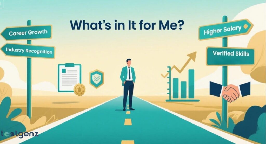 "Axis Certification" The image shows a person standing on a road with signposts pointing to "Career Growth," "Industry Recognition," "Higher Salary," and "Verified Skills," symbolizing the benefits of a program or certification.