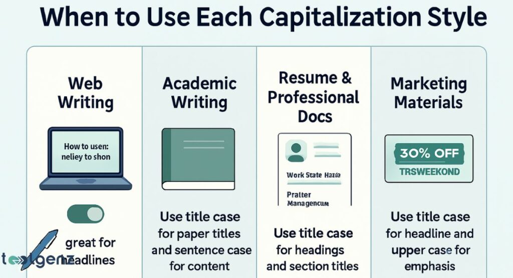"When to Use Each Capitalization Style." It is divided into four columns: "Web Writing," "Academic Writing," "Resume & Professional Docs," and "Marketing Materials." Each column provides examples and advice for using different capitalization styles, such as using sentence case for web content, title case for academic paper titles, and uppercase for emphasis in marketing materials.
