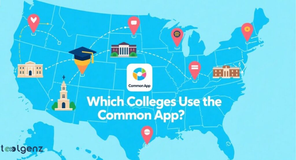 A stylized map of the United States with various university buildings and landmarks placed on it. The icons are connected by dotted lines, and a large "Common App" logo is at the center. The title asks, "Which Colleges Use the Common App?"