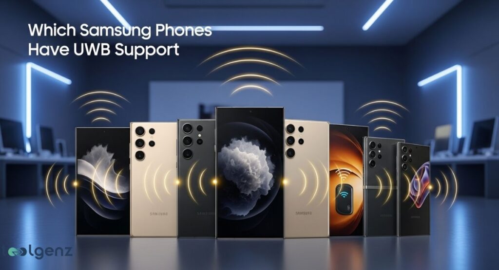 A line of eight Samsung smartphones in various colors, each emitting golden Wi-Fi-like signals, suggesting Ultra-Wideband (UWB) support. The title at the top is "Which Samsung Phones Have UWB Support."