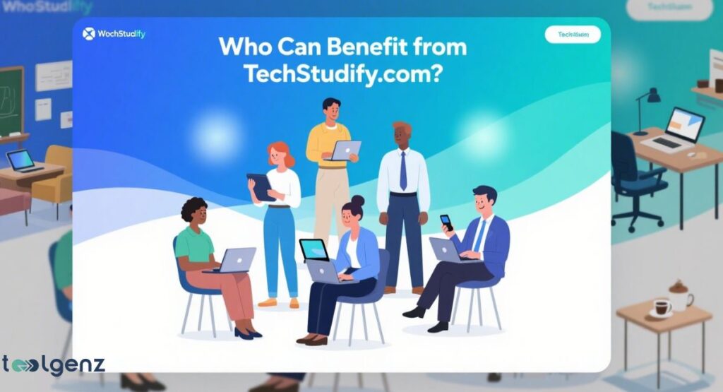 An illustration of a group of diverse professionals and students, some holding laptops or tablets, centered on a light blue and white background with the question, "Who Can Benefit from TechStudify.com?" The background shows blurred scenes of a classroom and an office.