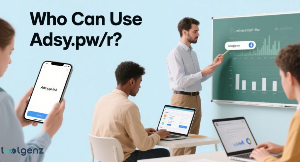 The image shows a classroom or meeting setting with a person holding a smartphone that displays "Adsy.pw/r link," and a presenter pointing to a graph on a whiteboard. The scene suggests the service is suitable for students and professionals.