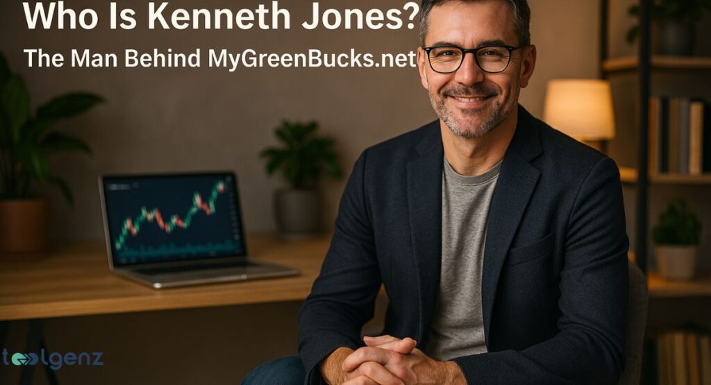 A headshot of a smiling man named Kenneth Jones, who is identified as the founder of MyGreenBucks.net. He is sitting in an office with a laptop in the background showing a financial chart.