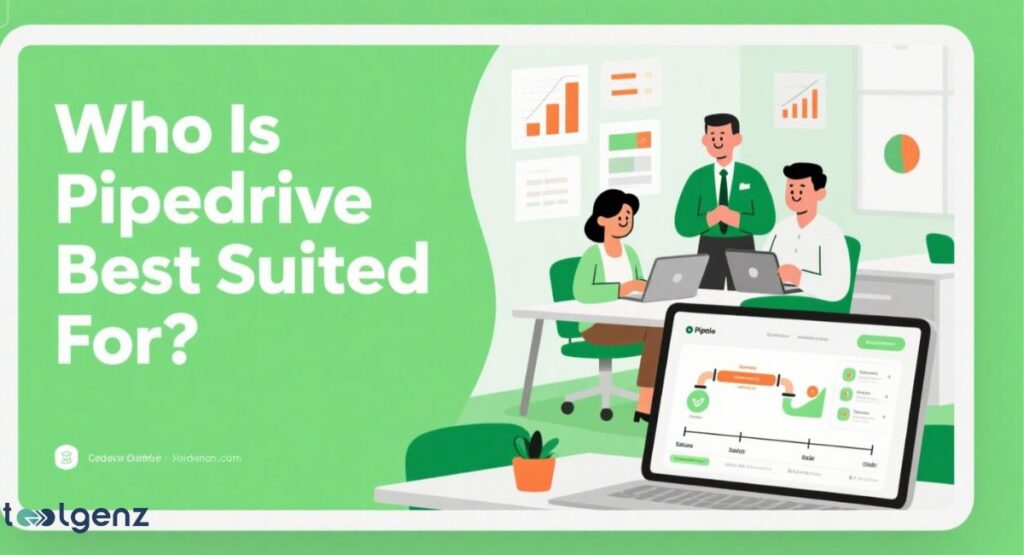 An illustration of a sales team of three professionals discussing at a desk in a modern office. A laptop in the foreground displays the Pipedrive sales pipeline, showing a clear, step-by-step process. The title on the left reads, "Who Is Pipedrive Best Suited For?"
