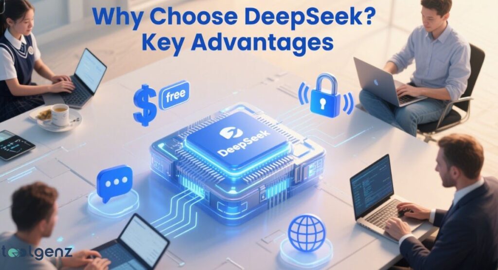 "Why Choose DeepSeek? Key Advantages." The image shows a glowing, blue DeepSeek microchip at the center of a table. Four people are seated around the table working on laptops, and a hovering dollar sign with a "free" label is shown on the left. Various icons representing features like a chat bubble, a padlock, and a globe are connected to the central chip by glowing lines.