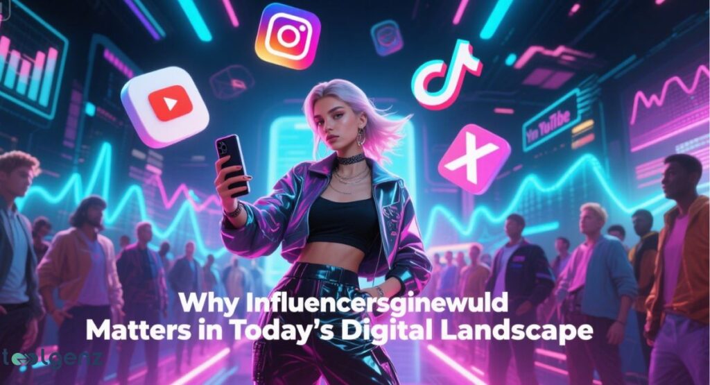 A woman stands in a futuristic, neon-lit digital space, holding a smartphone and surrounded by floating social media logos like Instagram, YouTube, and TikTok. People are in the background, looking towards her. The image title is "Why Influencersginewuld Matters in Today's Digital Landscape.