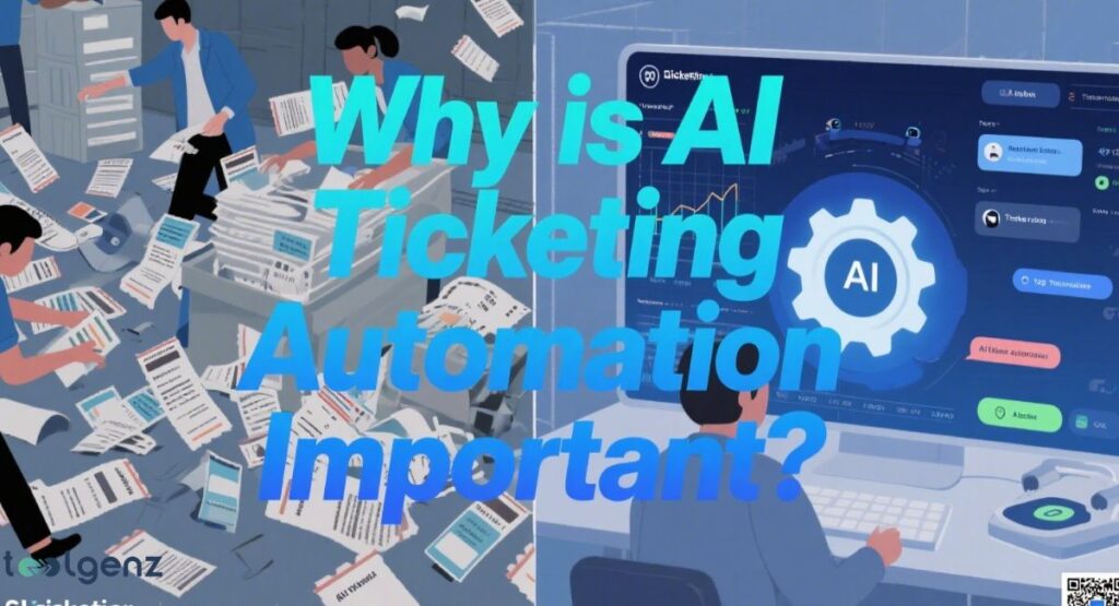A split-screen image asking, "Why is AI Ticketing Automation Important?". On the left, a chaotic scene shows people overwhelmed by a flood of physical paperwork and tickets. On the right, a person is calmly working on a computer with a clean, organized, AI-powered ticketing dashboard, showing an animated gear and graphs.
