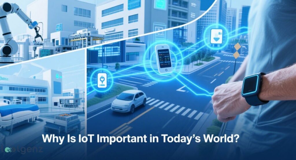 "Why Is IoT Important in Today's World?". The image is a split-screen visual. The left side shows a robotic arm in an industrial setting and a hospital bed, symbolizing IoT's role in manufacturing and healthcare. The right side shows a person's wrist with a smartwatch, a self-driving car on a smart city street, and glowing blue lines connecting various digital icons. The icons represent a battery, a phone, and a cloud, all part of a larger interconnected network.