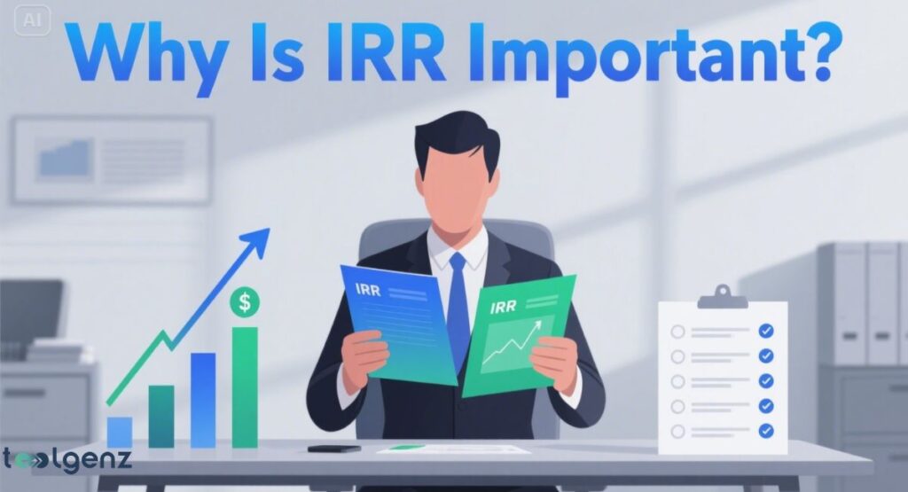 "Why Is IRR Important?". The image shows a businessman sitting at a desk, looking at two financial documents. The one on his left is blue and labeled "IRR," showing an upward-trending graph. The one on his right is green and also labeled "IRR," showing a different, more volatile graph. A bar chart with an upward trend and a checkmarked checklist are also visible.