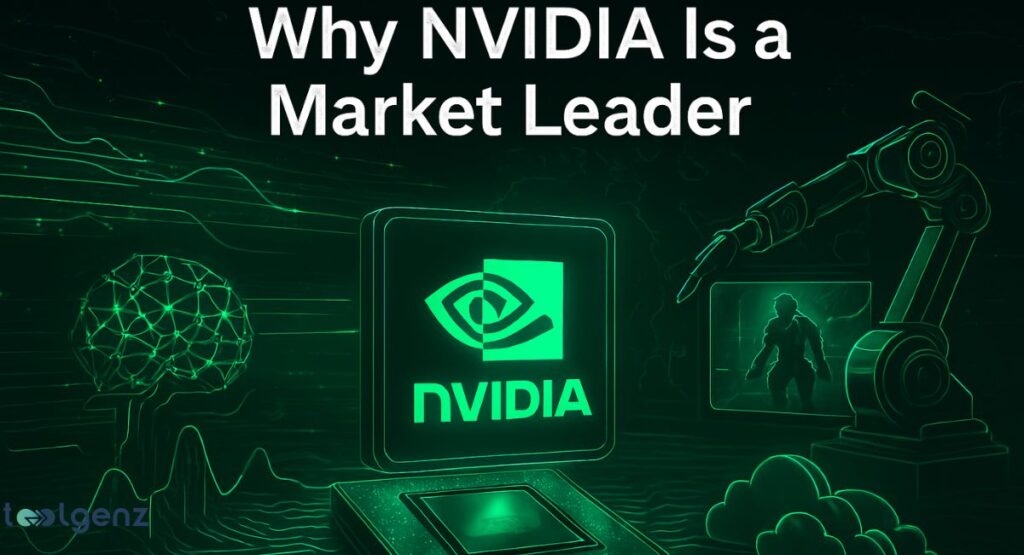 The image features a prominent, glowing NVIDIA logo on a microchip. In the background, there's a glowing brain icon representing AI, a robotic arm, and a silhouette of a person in a futuristic suit, all connected by glowing circuit lines.