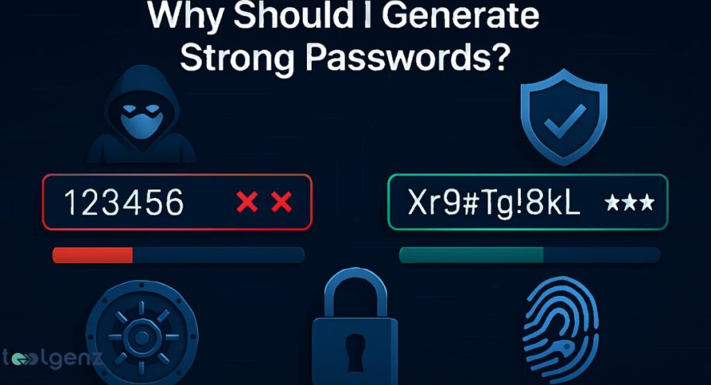 "Why Should I Generate Strong Passwords?" The image compares a weak password ("123456") with a strong one ("Xr9#Tg!8kL"), using icons like a hacker, a lock, and a fingerprint scanner to highlight the benefits of strong password security.
