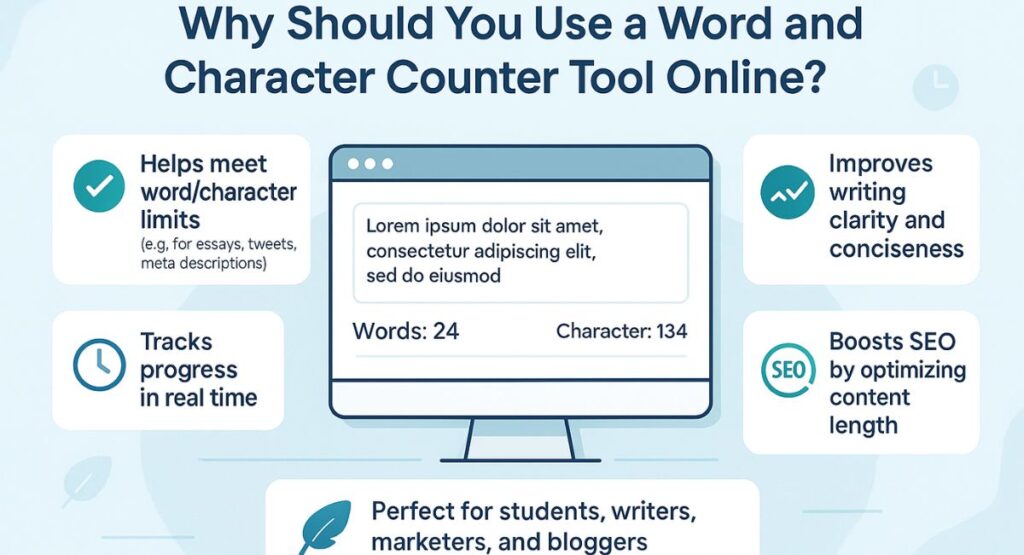 "Why Should You Use a Word and Character Counter Tool Online?" It features a computer screen displaying a text box with a word and character count. Surrounding the screen are four key reasons to use the tool, including: "Helps meet word/character limits," "Tracks progress in real time," "Improves writing clarity and conciseness," and "Boosts SEO by optimizing content length." The image also mentions it is "Perfect for students, writers, marketers, and bloggers."