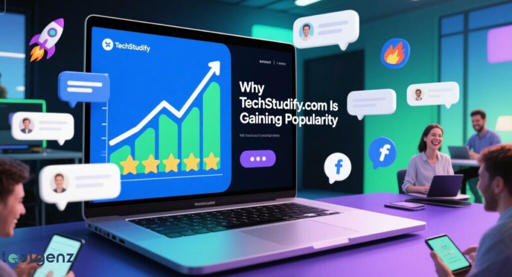 The screen displays a line graph showing an upward trend and a five-star rating. Several people in the background are using smartphones, with social media icons like a rocket, fire, and Facebook floating around.