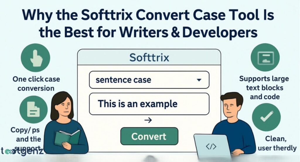 "Why the Softtrix Convert Case Tool Is the Best for Writers & Developers." The image shows a user interface for a case conversion tool with "sentence case" selected and an input field containing "This is an example." It highlights several key features: "One-click case conversion," "Supports large text blocks and code," and a "Clean, user-friendly interface." It also depicts a writer and a developer using the tool.
