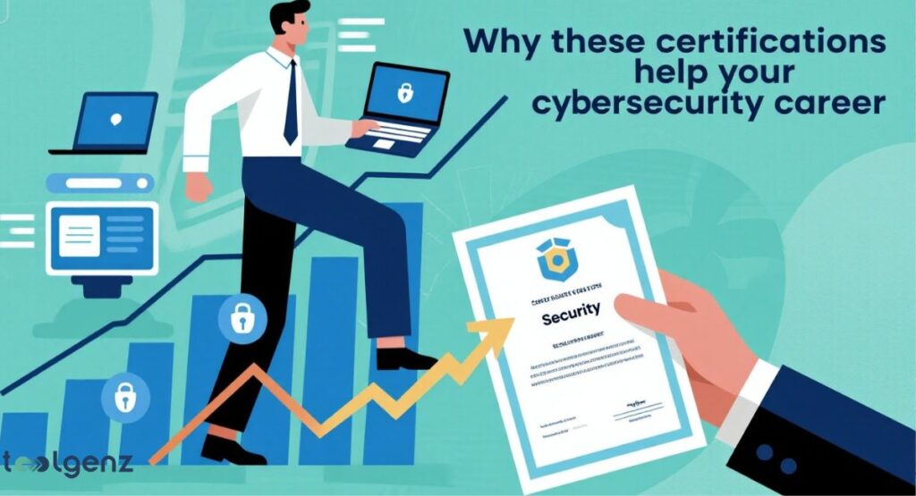 An illustrated figure of a man in a business suit climbing a line graph that shows an upward trend, with a certificate being handed to him at the top. The title reads "Why these certifications help your cybersecurity career."