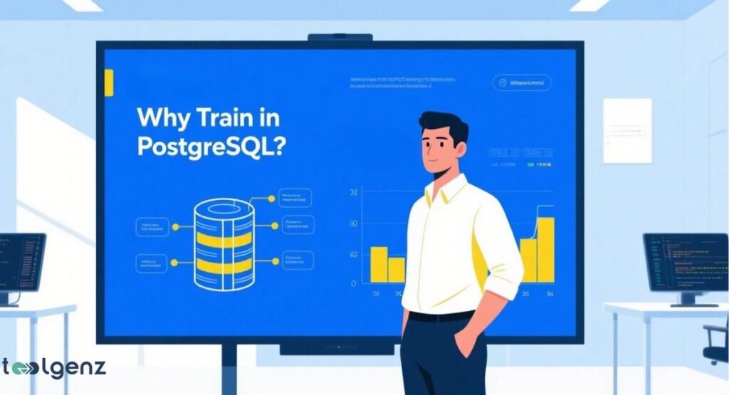 An illustration of a man standing in a modern office, presenting to an audience in front of a large screen. The screen displays the title "Why Train in PostgreSQL?" along with a diagram of a database cylinder and a bar chart.