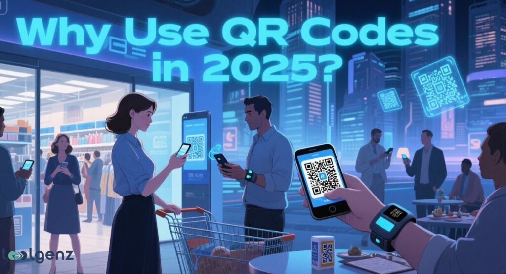 The image shows a futuristic city scene with people using their smartphones and smartwatches to interact with QR codes in a grocery store, a restaurant, and on billboards.