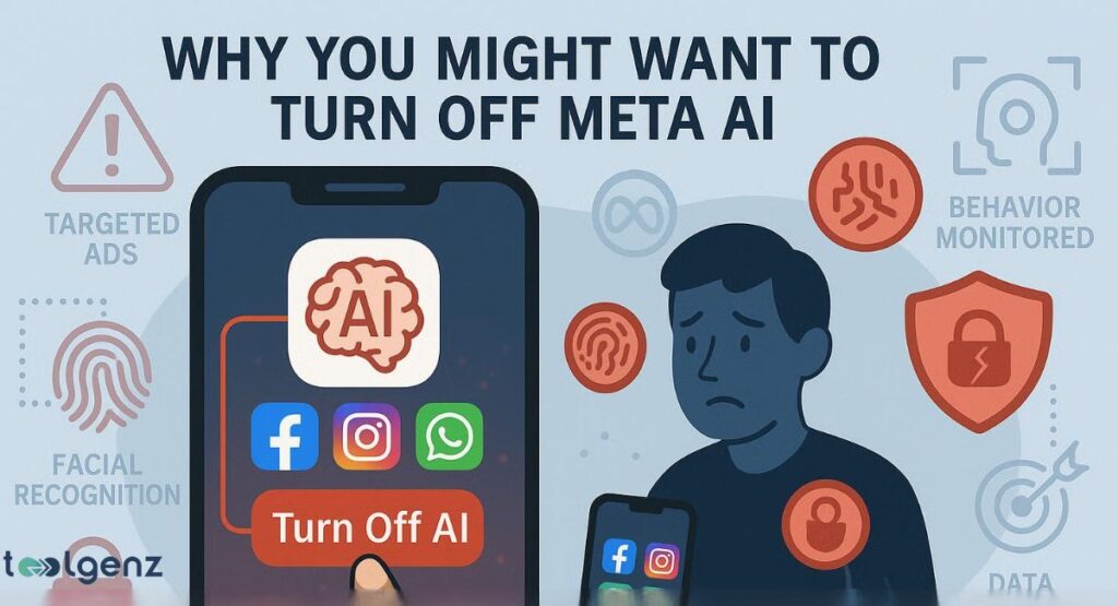 "Why You Might Want to Turn Off Meta AI." It shows a concerned person's silhouette with several icons representing privacy and security risks, such as a large warning sign for "Targeted Ads," a fingerprint for "Facial Recognition," a shield with a lock, and a target with a dart.
