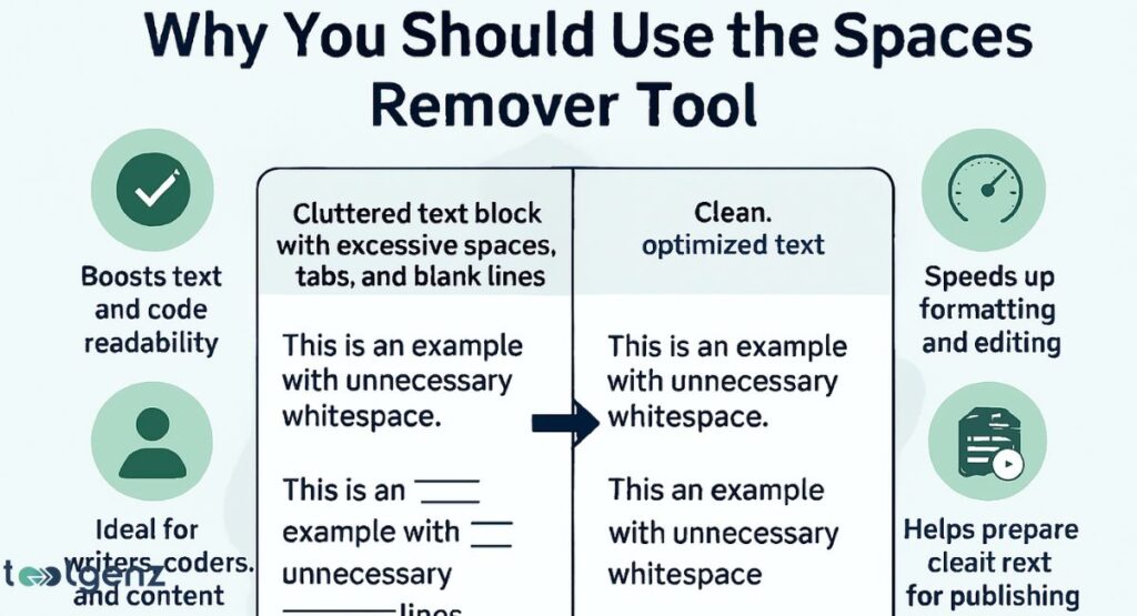"Why You Should Use the Spaces Remover Tool." It shows a comparison between "Cluttered text block" and "Clean, optimized text," illustrating how the tool removes extra spaces, tabs, and blank lines. The infographic highlights several benefits: "Boosts text and code readability," "Speeds up formatting and editing," and "Helps prepare clean text for publishing." It also mentions that the tool is "Ideal for writers, coders, and content managers."