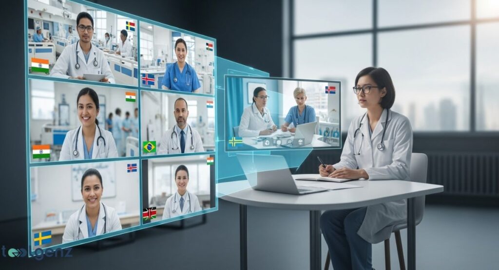 A medical professional is at a desk, participating in a virtual meeting with a grid of international colleagues from different countries. The screens show doctors and nurses in various clinical settings.