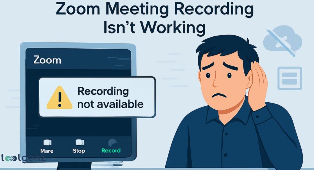 A man with a worried expression is shown next to a computer screen with a "Zoom" call. A large warning box on the screen says "Recording not available." The title of the graphic is "Zoom Meeting Recording Isn't Working."