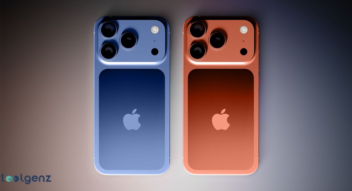 A side-by-side view of two smartphone models, possibly the Apple iPhone 17. One is blue and the other is a copper-like orange or rust color, with both phones showcasing a triple-lens camera array and the Apple logo on the back.