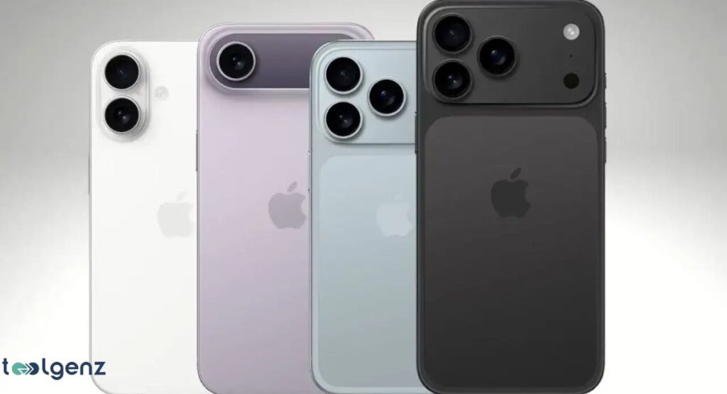 A group of four Apple iPhone 17 models stand side-by-side, showcasing different colors and camera designs, including a large, prominent camera bump on the black model. The models are white, lilac, light blue, and black.