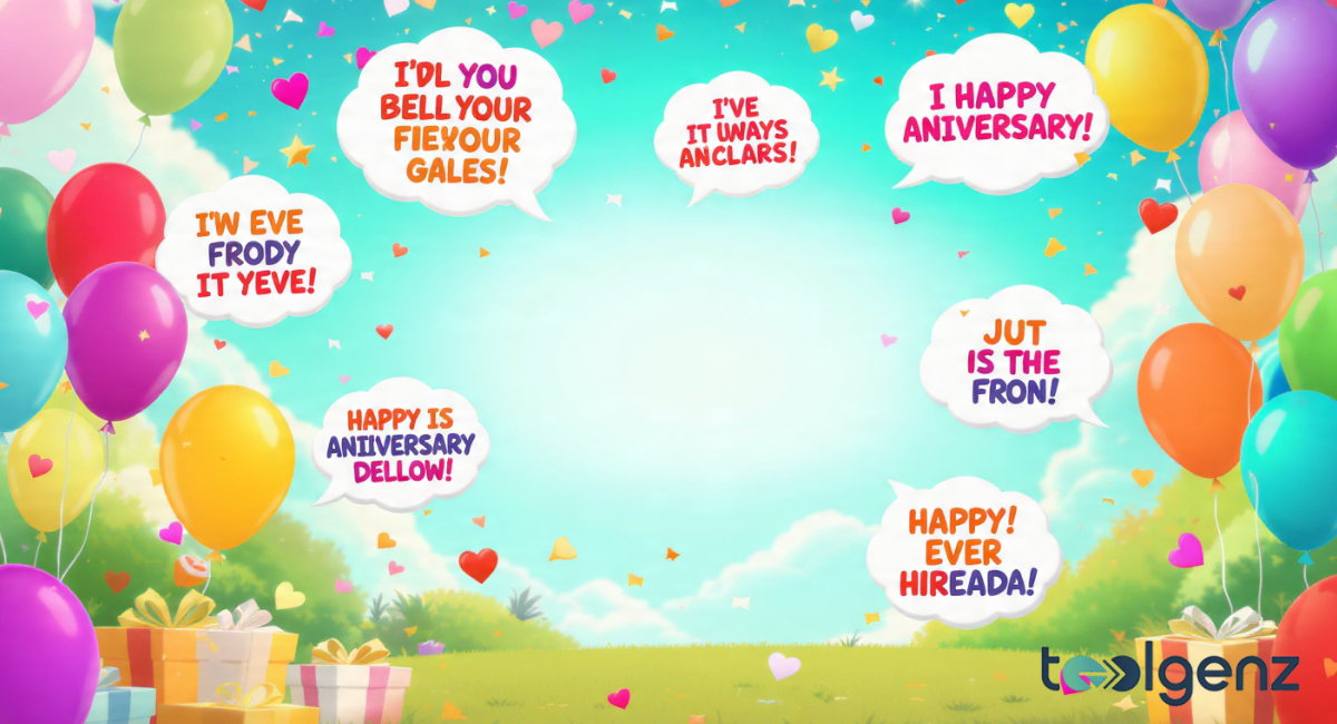 A festive outdoor scene with balloons, gifts, and speech bubbles containing garbled text intended to represent happy anniversary puns.