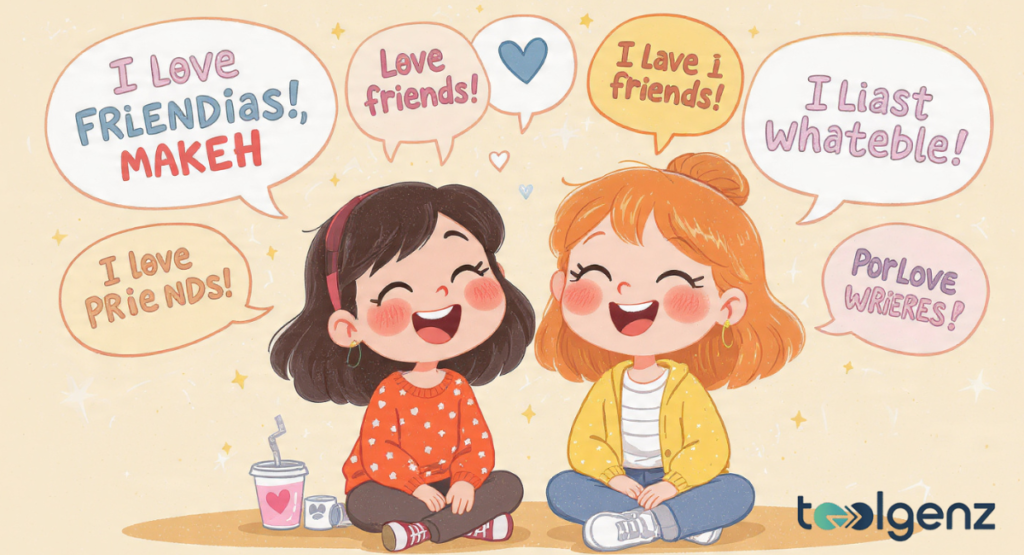 A digital illustration of two young girls sitting on the ground laughing together, surrounded by whimsical speech bubbles with affectionate text.