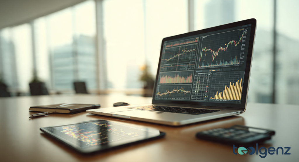 A close-up of a modern laptop and tablet on a wooden desk displaying multiple financial charts and bar graphs, with a calculator and notebook nearby.