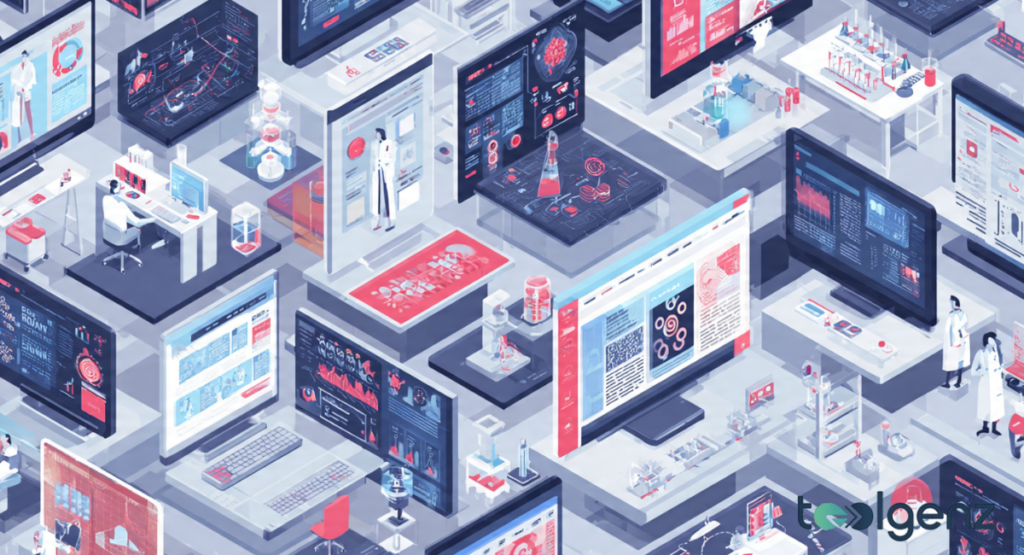 A detailed isometric illustration of multiple digital workstations and laboratory benches where researchers are reviewing news articles, data charts, and scientific updates on computer monitors.