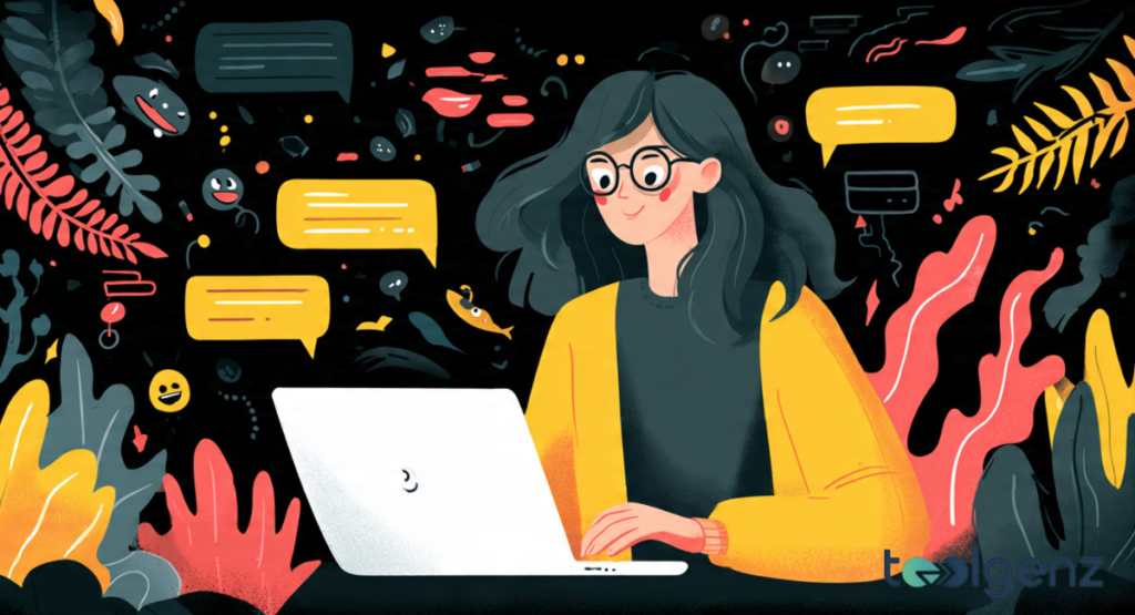 A young woman with glasses and a yellow jacket works on a laptop, surrounded by colorful foliage and floating speech bubbles on a dark background.