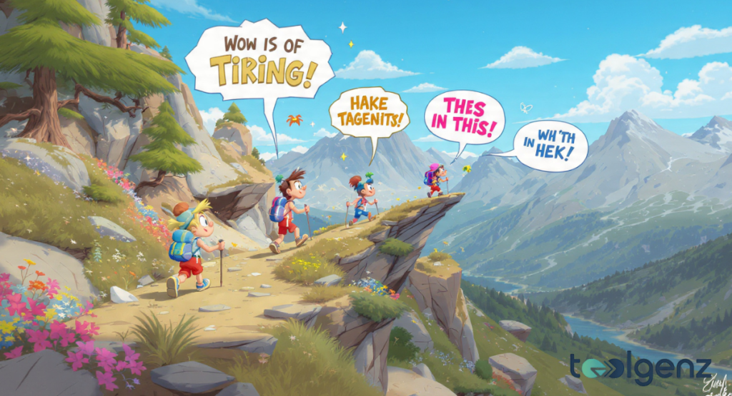 Two cheerful, pinkish-purple mountains with expressive eyes and mouths talk to each other in a lush valley under a bright blue sky.