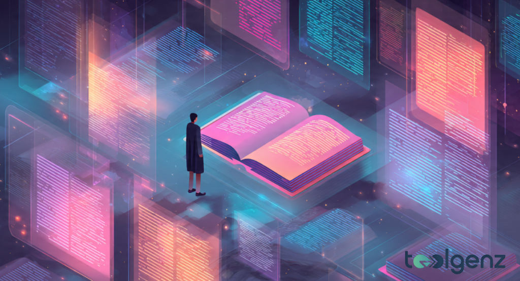 An illustration of a person standing before a large, glowing open book, surrounded by numerous floating digital pages and documents in vibrant neon colors.