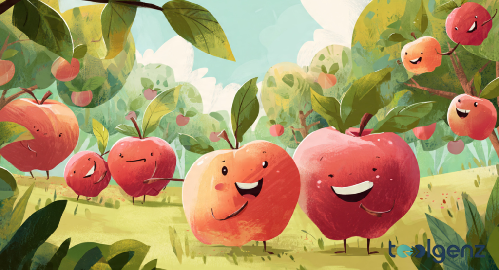 A comic book style illustration featuring a crowded group of expressive red, green, and yellow apples with laughing faces and speech bubbles containing stylized, illegible text.