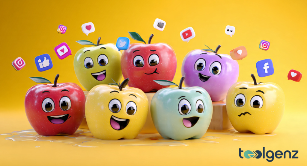 Seven shiny, multi-colored fruit characters with large expressive eyes and smiles, surrounded by floating social media icons like hearts and thumbs-up on a bright yellow background.