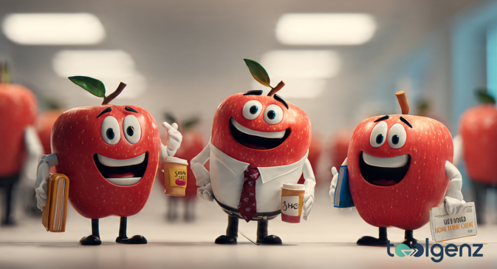 Three cheerful, red fruit characters dressed in professional attire, including a tie and carrying coffee cups, books, and a newspaper, standing in a blurred office hallway.