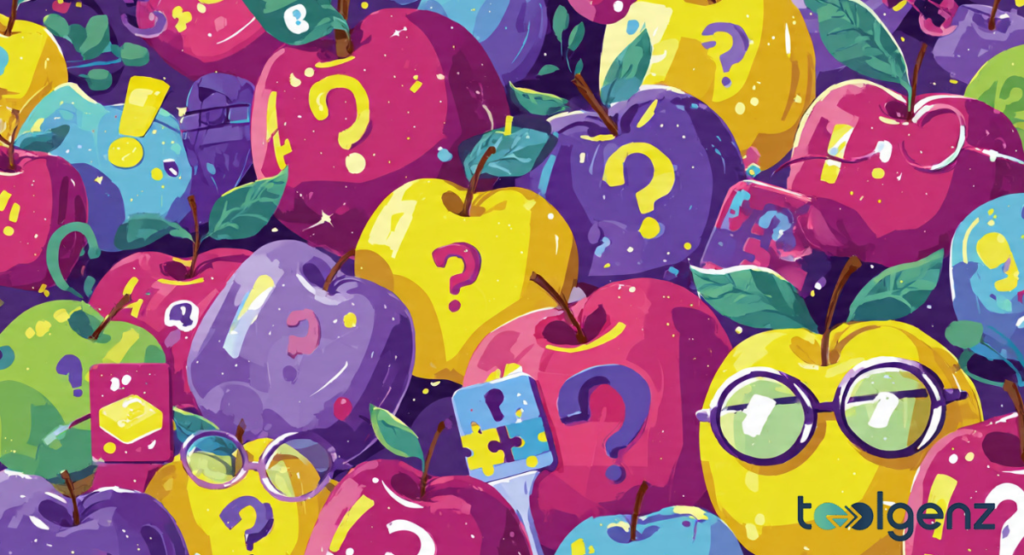 A stylized digital illustration of various colorful fruit, including purple, pink, and yellow varieties, marked with large question marks and wearing glasses amidst puzzle pieces.