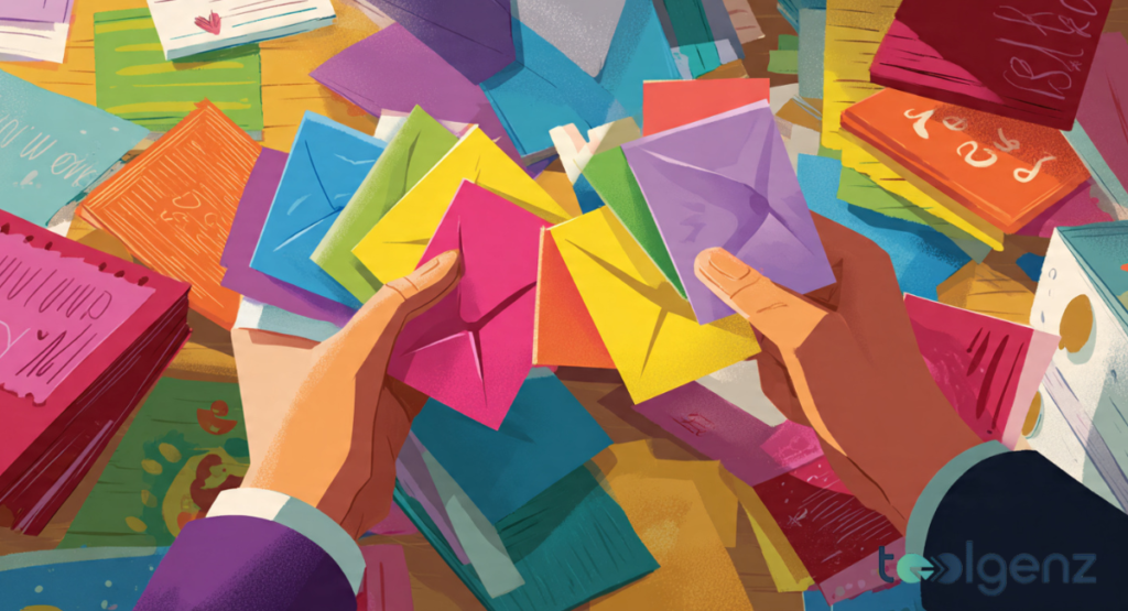 A first-person perspective of two hands holding a fan of colorful, square envelopes in bright shades of pink, yellow, green, and blue, scattered over a table filled with more cards and notes.